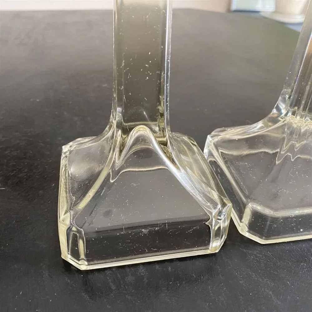 Vintage Pair Glass Candle Sticks Taper Candleholders Clear Square Base 7.5